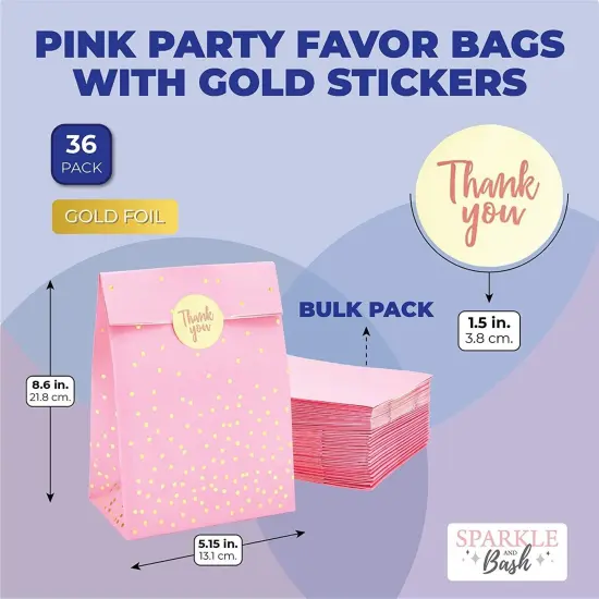 Pink Gift Bag, Party Favor Bags with Gold Stickers (5.15 x 8.6 in, 36 Pack) {3}