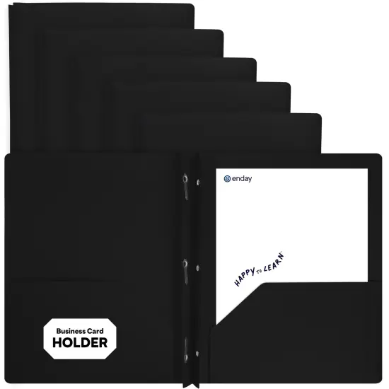 Plastic Folders with Pockets and Prongs, Assorted Colors Two Pocket Folder with Brads, 6 Pc &ndash;by Enday Black {1}
