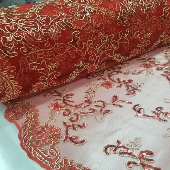1 Yard Red Metallic Flowers Sequins Mesh Lace Fabric for Tablecloths and Costumes {3}