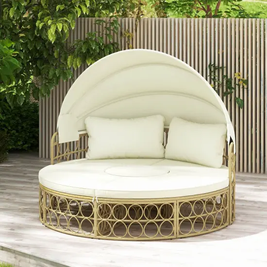 Costway Outdoor Patio Round Daybed with Retractable Canopy Soft Cushions for Garden White {1}