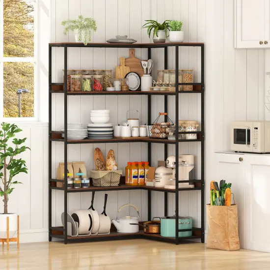 Costway Corner Bookshelf 5-Tier L-Shaped Bookcase 71" Tall Etagere Bookshelf with Metal Frame Brown/Gray {6}