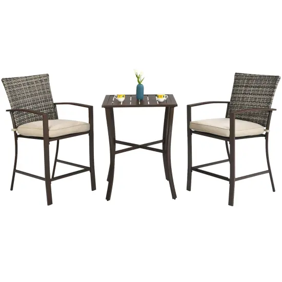 Costway 3PCS Patio Rattan Bar Furniture Set Slat Table 2 Cushioned Stools Poolside Brown {2}