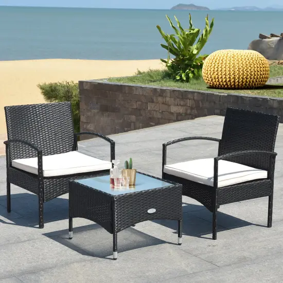 Costway 3 PCS Furniture Set Table & 2 Chair Patio Wicker Rattan W/Cushion {1}