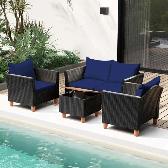 Costway 4 PCS Wicker Patio Furniture Set with Removable Cushions Storage Coffee Table White/Navy/Gray {1}