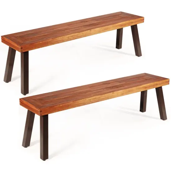 Costway Set of 2 Patio Acacia Wood Dining Bench with Rustic Steel Legs Outdoor Indoor {1}