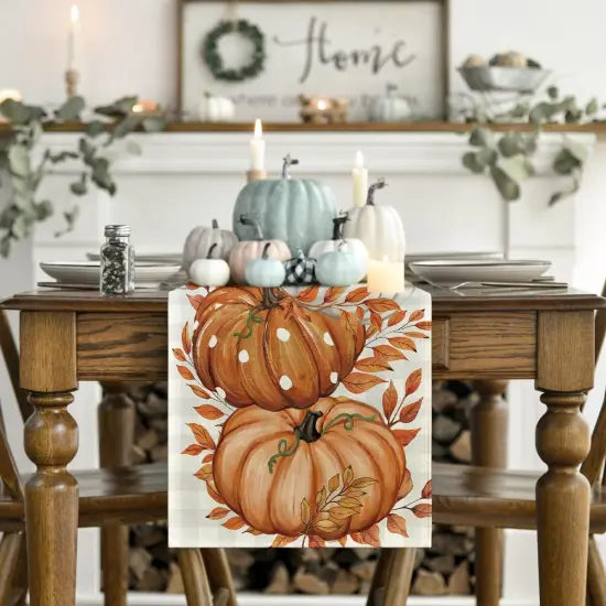 Buffalo Plaid Orange Pumpkins Eucalyptus Fall Table Runner - 13x72 Inch {2}
