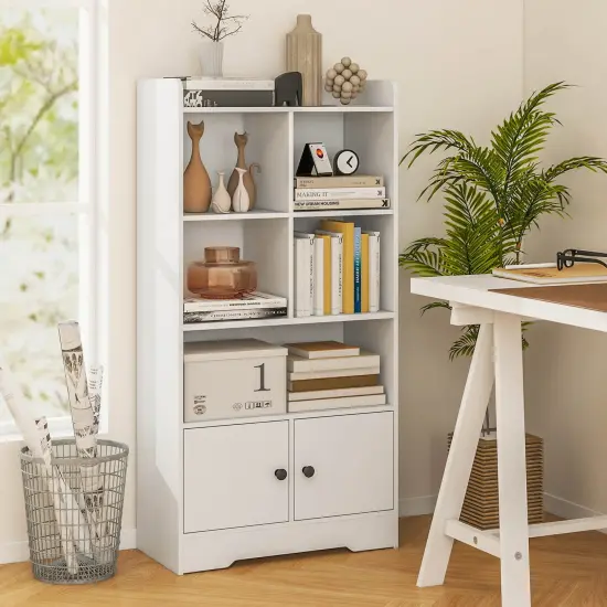 Costway Freestanding Bookshelf with Doors 2 Storage Cabinets and 5 Cubbies 2 Anti-tip Kits {4}