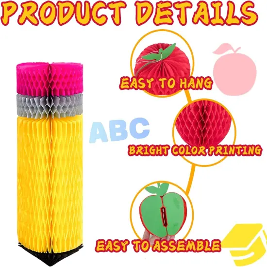 12Pcs Pencil Apple-Shaped Hanging Honeycomb Back to School {4}