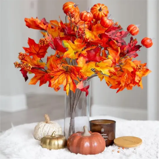 2 PCS Fall Artificial Maple Leaves Branches with Pumpkins {1}