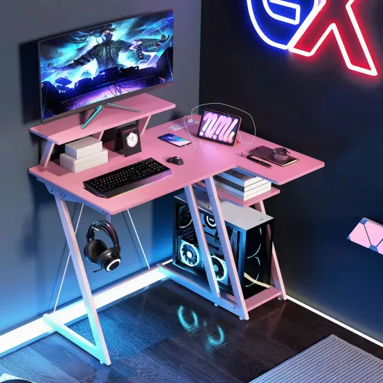 Costway L Shaped Gaming Desk with Outlets & USB Ports Monitor Shelf Headphone Hook Black/White/Pink {12}