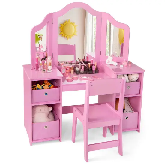 Costway Kids Vanity Table & Chair Set 2-in-1 Princess Pretend Play Makeup Vanity Set Pink/White {7}