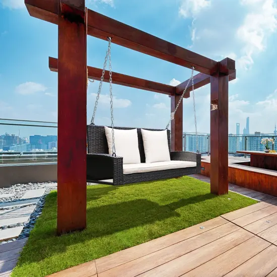 Costway 2-Person Patio Rattan Hanging Porch Swing Bench Chair Cushion Beige\Black\Red\Turquoise {4}