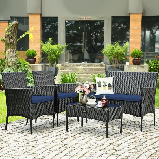 Costway 4PCS Patio Wicker Furniture Set Coffee Table Cushions w/ Cover {3}