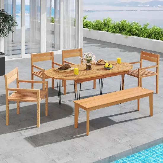 Costway 1/2/4 PCS Outdoor Teak Wood Chair Patio Dining Armchair with Slatted Seat & Backrest {4}