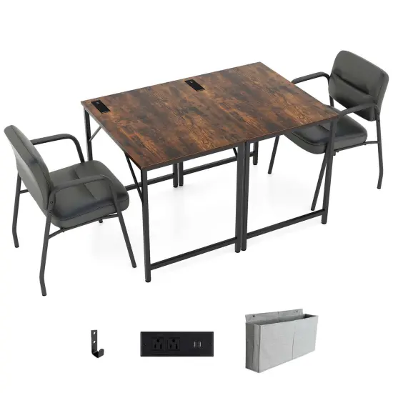 Costway 32" Meeting Room Desk Set of 2/4/6 with Charging Station & Headphone Hook Metal Frame Brown {7}