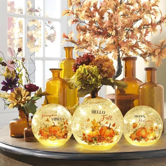 3 Sparkling Glass Ball LED Pumpkin Table Decor {3}