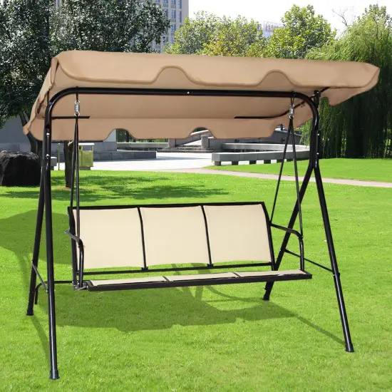 Costway 3 Person Outdoor Patio Swing Canopy Awning Yard Furniture Hammock Steel Beige {1}