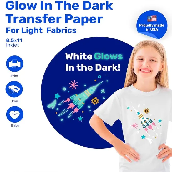 Printable Iron-on Glow Light Heat Transfer Paper for LIGHT Fabrics, sheets 8.5" x 11", Long Lasting, Durable, Professional Quality, Easy DIY, Non-Toxic, Made in USA {1}