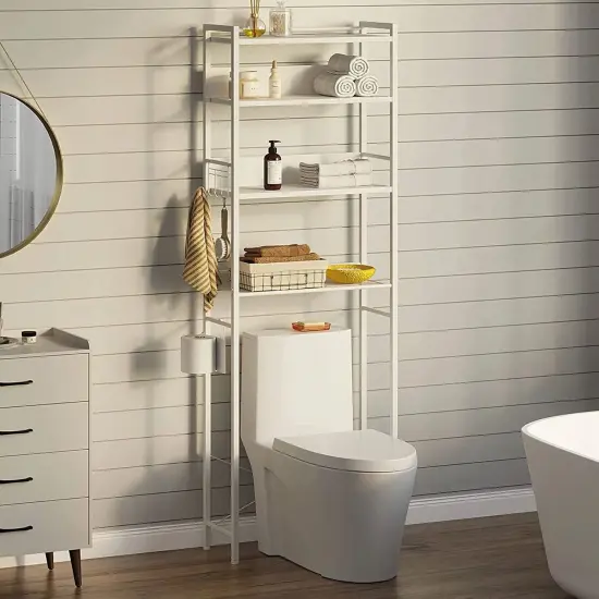 Wood and Iron Freestanding Over The Toilet Storage 4-Shelf Bathroom Organizer White {7}