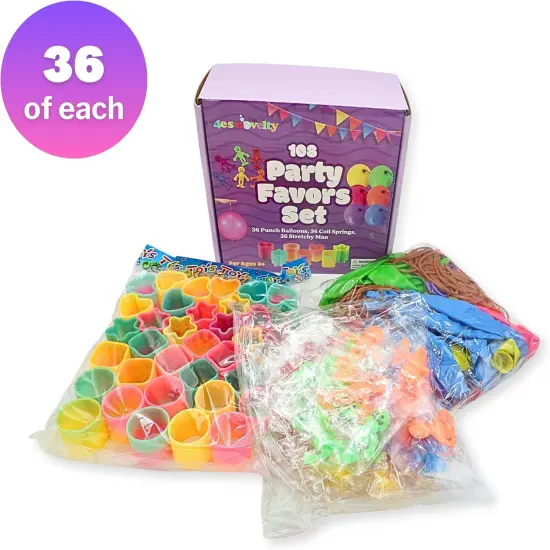 4E's Novelty 108 Pcs Prizes, 36 Of Each, Punch Balloons, Mini Coil Spring, Stretchy Bendable Man, Birthday Party Favor Sets for Kids, Sensory Fidget Treasure Chest Prize Box Toys for Classroom {2}