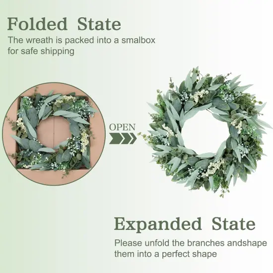 Eucalyptus Wreath 22" Large Artificial Greenery Outdoor/Indoor Wreath Spring/Summer Wreath Green Wreaths for Front Door Porch Window Wall Hanging Decor All Year Round Wreath（Green） {4}