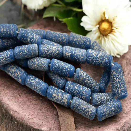 10x25mm Matte Pacific Blue Pompeii Tube Beads (18" Strand) - Indonesian Glass Beads {3}