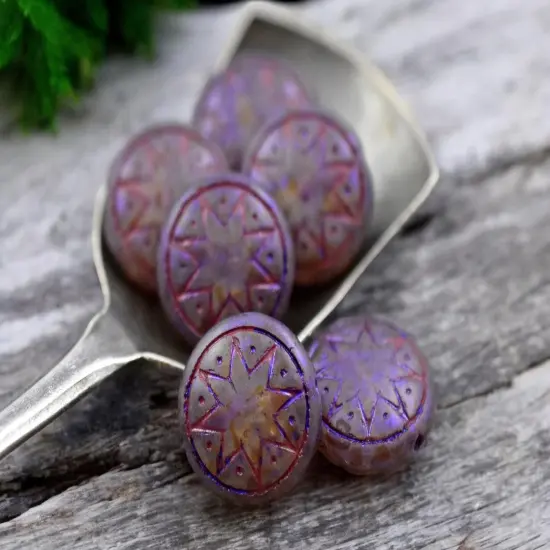 *12* 13mm Red Washed Matte Purple Over White Opal Ishtar Coin Beads {2}