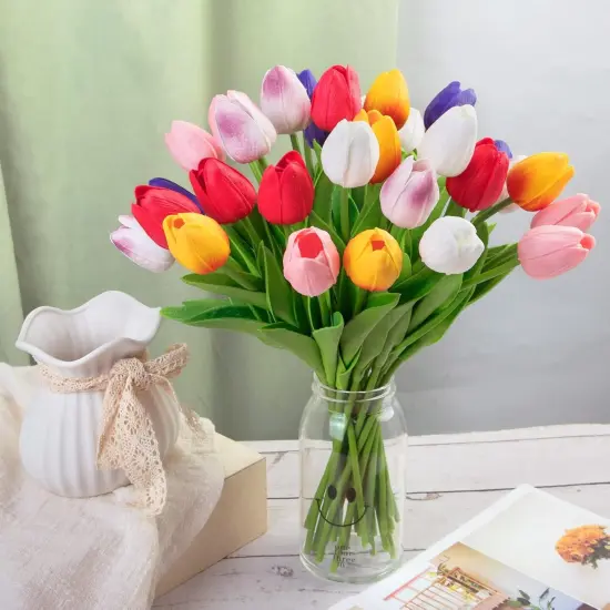 30 Pcs Multicolor Artificial Tulip Flowers PU Real Touch Fake Plants Faux Bouquet for Room Office Table Party Spring Wedding Home Spring Mother's Day Easter Decorations {5}