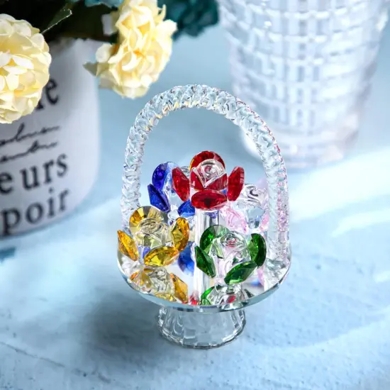 Colorful Crystal Flower Basket Figurine Ornament, Glass Flower with Rotating Base for Home Dress Table Centerpiece {3}