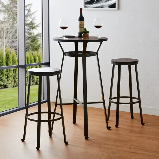 Set of 3 Steel Bar Table and Bar Stool Pub Set (1 Table+2 Stools) Brown {4}