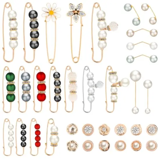 35 Pcs Pearl Brooch Sweater Shawl Neckline Pins Faux Pearl Buttones Artificial Pearls Brooches for Girls Women Cover Up Clothing Dresses Decoration Accessories Pant Waist Tightener Safety Pins {1}