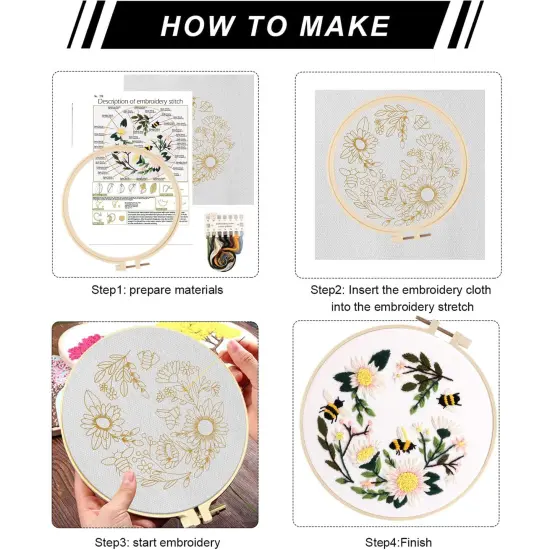 Embroidery Starter Kit for Beginners, 3 Sets Cross Stitch Kits for Adults, Include Embroidery Clothes with Cute Bees and Flowers Patterns, 1 Embroidery Hoop, Threads, Needles and Instruction {3}