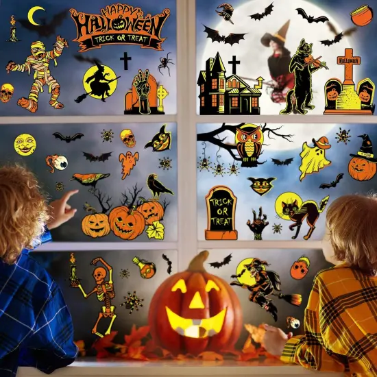 9 Sheet Halloween Window Clings Witch Black Cat Pumpkin Ghost Skull {3}