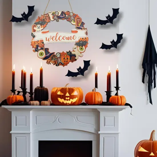 Halloween Wooden Wreath,Welcome Hanging Sign Decorations,Ghost Pumpkin Skull Wood {4}