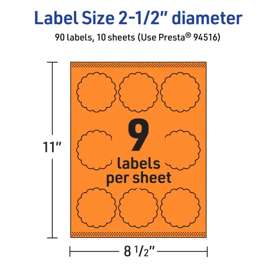 Avery Bright Orange Paper Labels, 2.5" Diameter Round Scalloped {5}