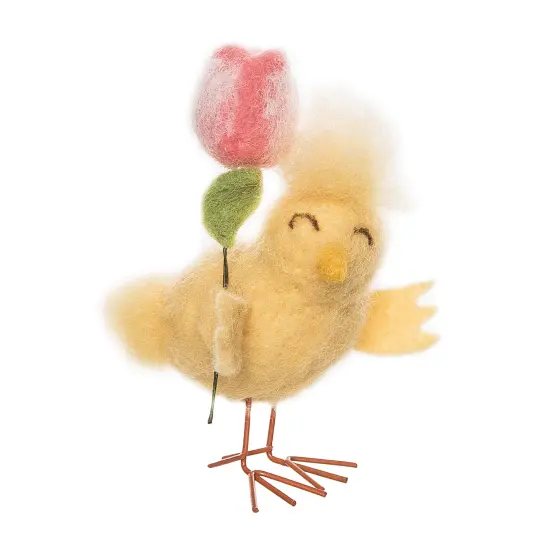4.33" Easter Spring Chick & Pink Tulip Flower Floral Decorative Tabletop Figurine {3}
