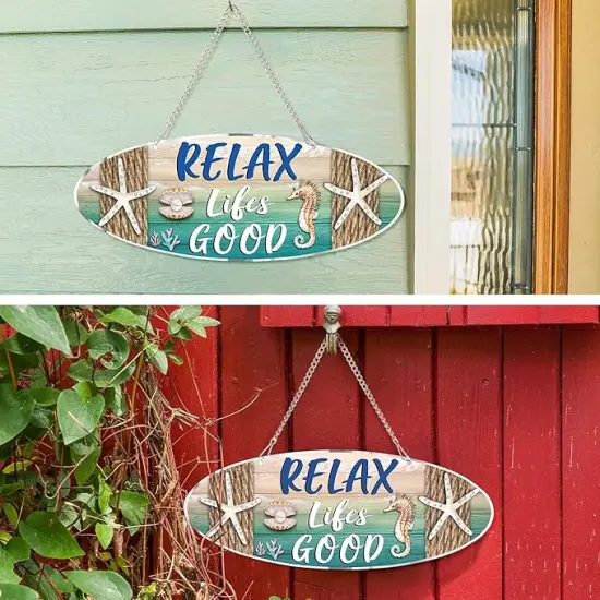 Beach Sign Decor Hanging Sea Decorations Starfish Wall Decoration Beach Plaque Door Wall Plaque Decor Sign with Seahorse and Scallop for Decoration(Classic Style) {4}
