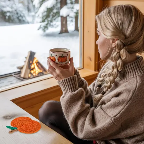 8Pcs Fall Pumpkin Coasters Handmade Crochet Drink Coaster {4}