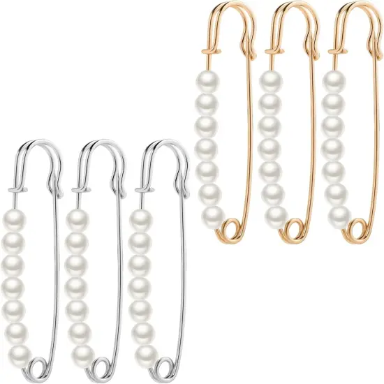 6 Pcs Faux Pearl Brooch Pins Decorative Safety Pins Pants Clips to Tighten Waist Sweater Shawl Clips Large Shawl Pins for Women Clothing Dress Pants Skirt Accessories Waist Extender Decoratine Pins {1}