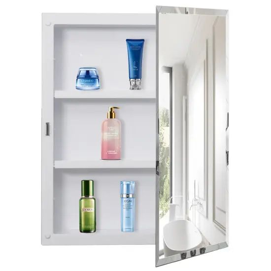 Basicwise Single Door Multi-Purpose Plastic Bathroom Medicine Cabinet with Mirror, Surface or Recessed Mount, Vanity Cabinet with 2 Plastic Adjustable Shelves, White {1}