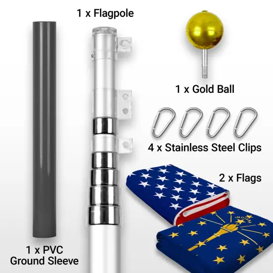 G128 Combo Pack: 25 Ft Telescoping Aluminum Flagpole (Silver) & American and Indiana Flags 3x5 Ft, Both StormFlyer Series Embroidered 220GSM Spun Polyester | Pole with Flags Included {2}