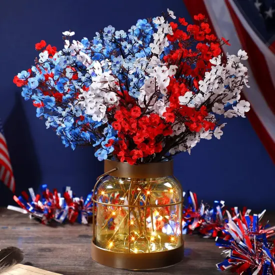 1 Set 4th of July Artificial Flowers with Glass Vase Patriotic Red Blue White Baby Breath Decoration Rustic Clear Lights Vase for Independence Day Floral Arrangement Table Centerpieces Gifts {1}