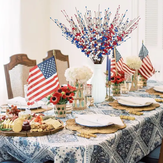 120 Pcs Artificial Jasmine Flowers Stems with Blue White Red Berry for Patriotic Decorations, 21.6" Long Stem Jasmine Faux Flowers for 4th of July Home Independence Day Decor {4}