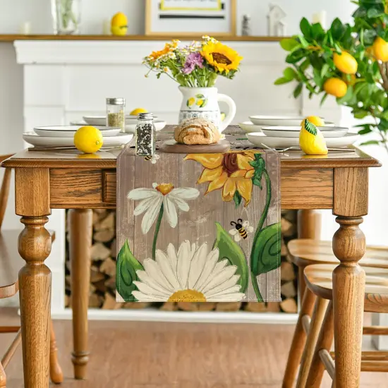 Wood Sunflowers Daisy Bees Summer Table Runner, Seasonal Spring Kitchen Dining Table Decoration for Home Party Decor 13x72 Inch {2}