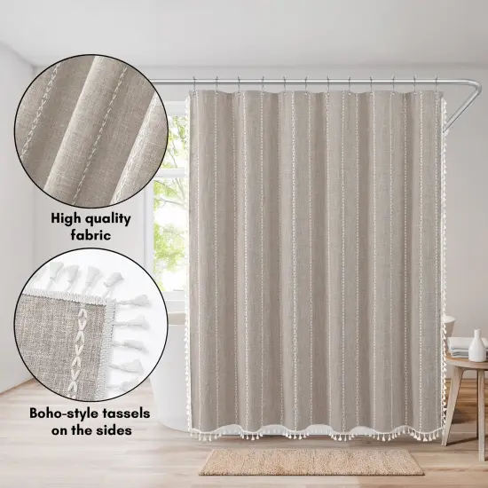 Americanflat 71x71 Woven Linen Shower Curtain with Tassel Accents - Includes 12 Grommets and Hooks - 100% Polyester {4}