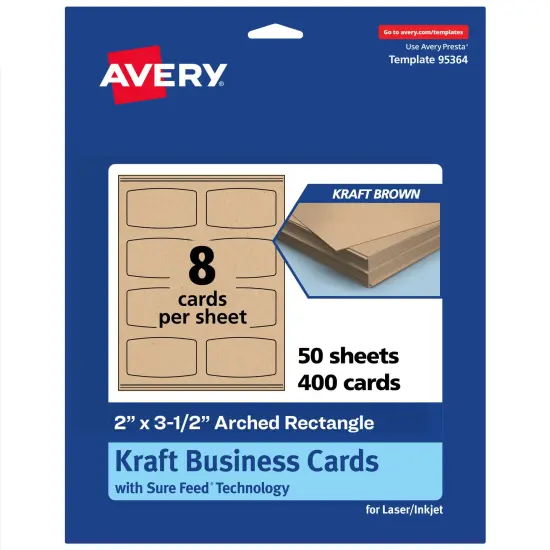 Avery Printable Arched Rectangle Business Cards, Sure Feed Technology, 2" x 3-1/2", Matte Kraft Brown Cardstock, Print-to-The-Edge, Laser/Inkjet Printable, 80 Total {1}