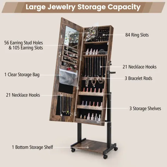 Costway 3-Color 46 LED Lights&nbsp;Mirror Jewelry Cabinet Armoire Adjustable Height with Wheels Rustic Brown/White {5}