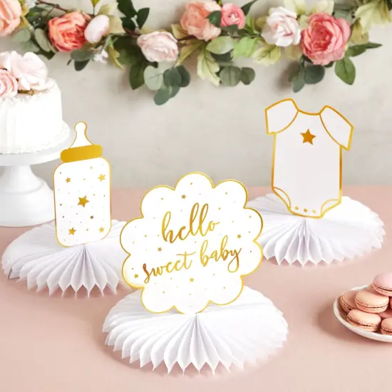 Sparkle and Bash Hello Sweet Baby Table Centerpieces, Honeycomb Gender Neutral Baby Shower Decorations (White and Gold Foil, 6 Pack, 3 Designs) {3}