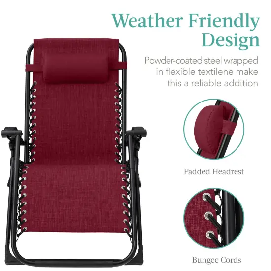Best Choice Products Oversized Zero Gravity Chair, Folding Recliner w/ Removable Cushion, Side Tray Burgundy {3}