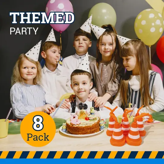 4E's Novelty 8-Pack Construction Cone Cups, 10oz Plastic Cup with Lid & Straws, Construction Theme Party Cups {5}